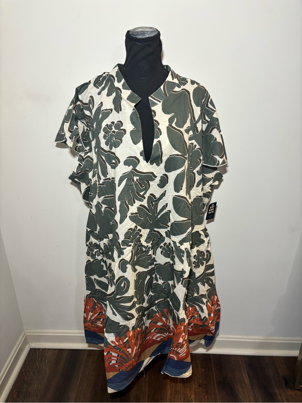 Ashley Stewart Cream and Olive Green Floral Midi Dress with Orange Trim